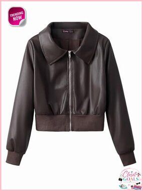 Faux Leather Zip Up Moto Biker Bomber Jacket Fitted Ribbed Trim